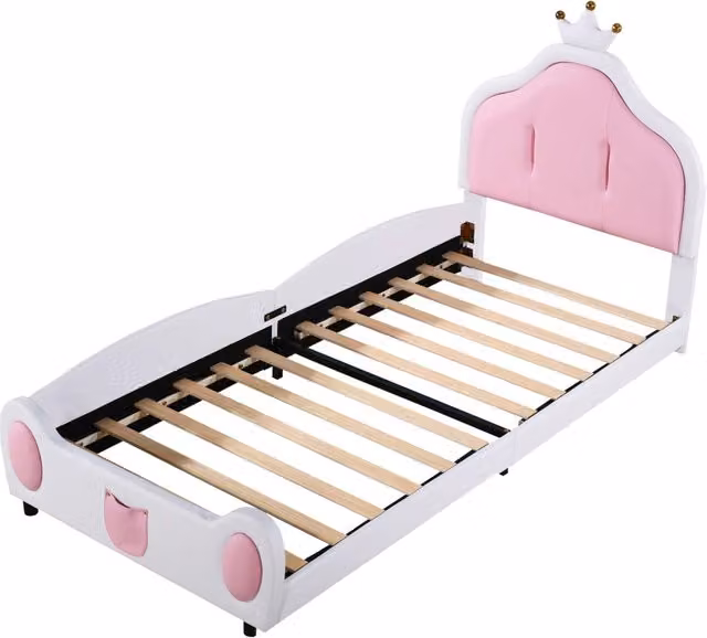 Letto imbottito per bambini 90x200 cm con testiera coronata e design bicolore in ecopelle bianco e rosa
