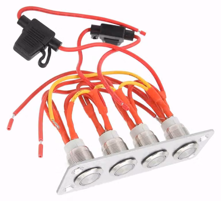 Pannello con 4 interruttori a levetta da 12V e 16A, con LED e adesivi