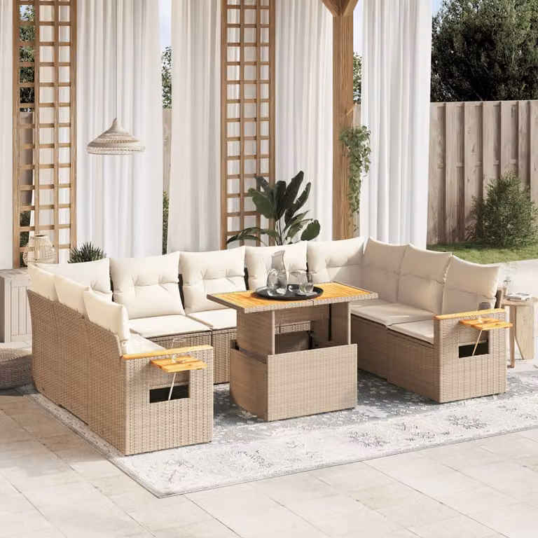 Set Divano da Giardino vidaXL 10 pz in Polyrattan con Cuscini Beige e Tavolino
