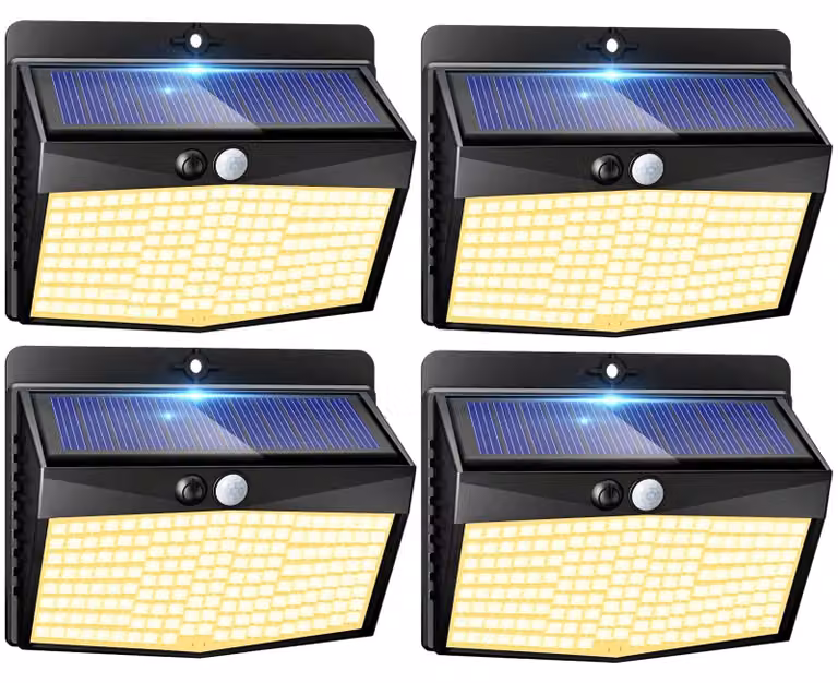 Set di 4 faretti solari, 138 LED, con sensore di movimento, grado di protezione IP65