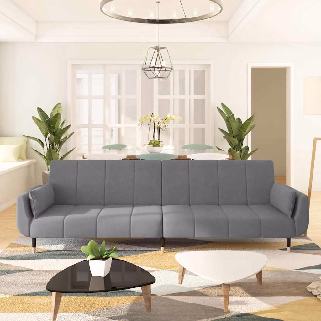 vidaXL Divano Letto Click-Clack a 2 Posti in Velluto Grigio con Cuscini e Poggiatesta Regolabile L/P/H: 220 x 100 x 84,5 cm – 1