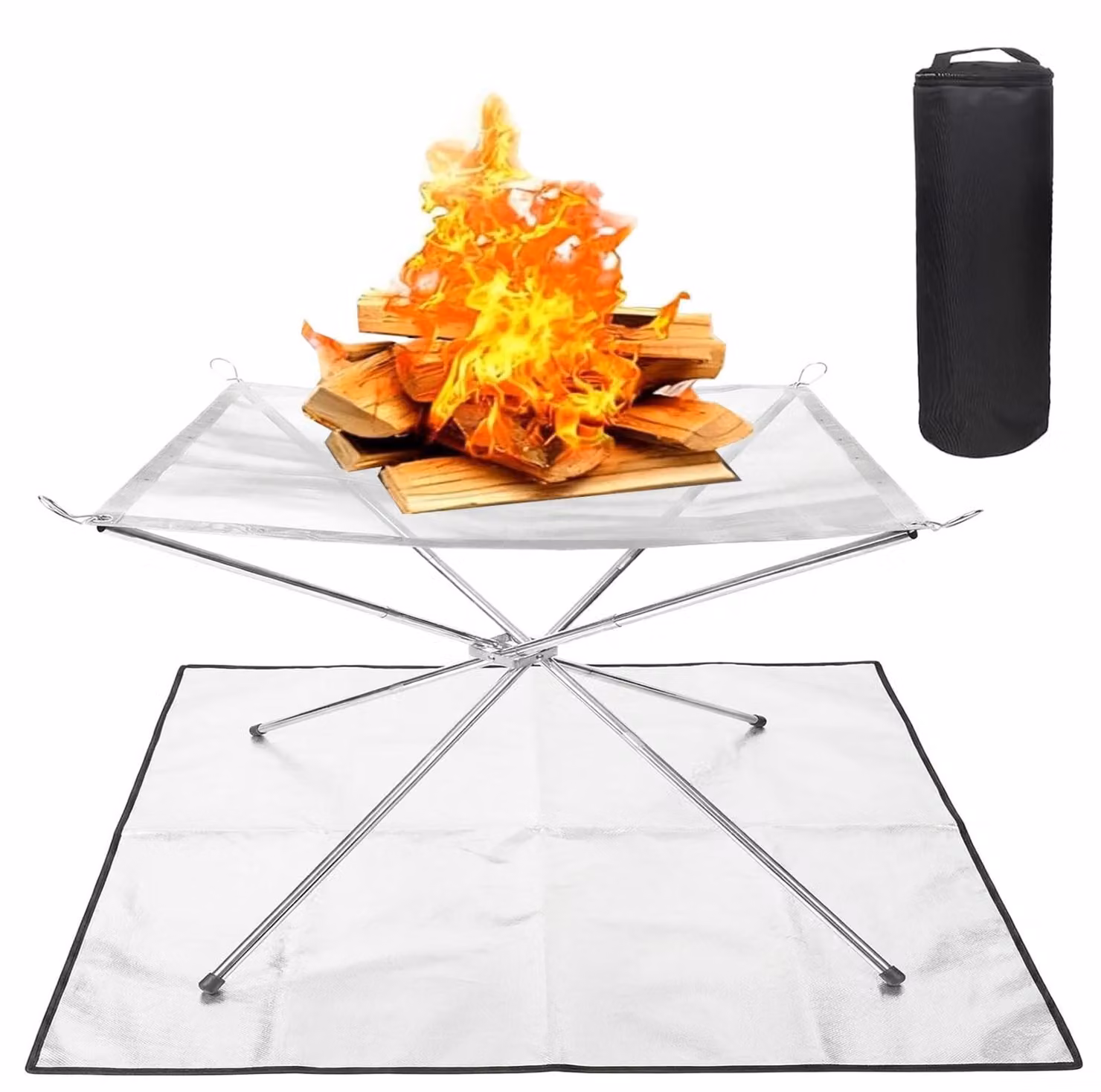 Omgoods - Braciere portatile da 56 cm - Cesto per il fuoco da esterno - Acciaio inossidabile - Griglia con tappetino - Borsa per il trasporto - Adatto per giardino/campeggio