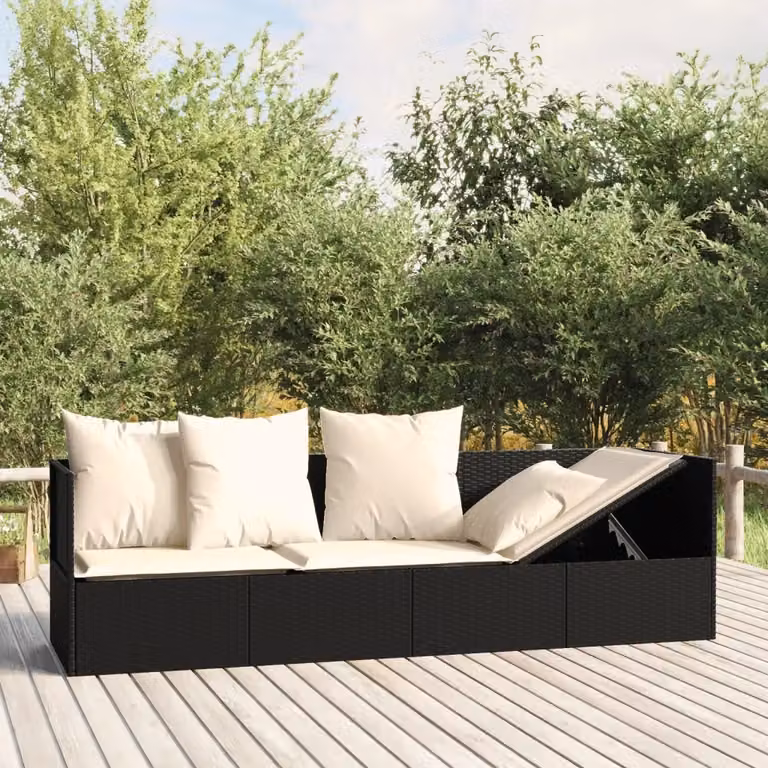 Lettino prendisole da esterno in polyrattan nero con cuscini in tessuto e struttura in acciaio verniciato a polvere