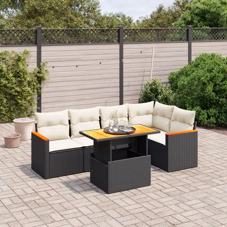 Set Divano da Giardino vidaXL 6 pz in Polyrattan Nero con Cuscini e Tavolino da Esterno a Forma di L
