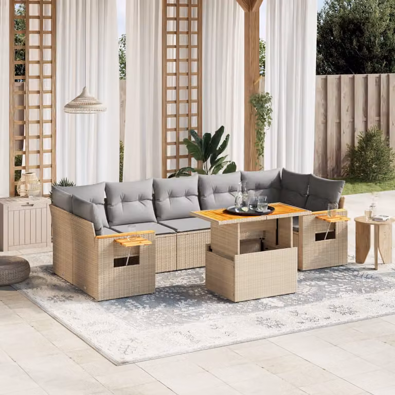 vidaXL Set Divano da Giardino a L 8 pz in Polyrattan con Cuscini Beige e Grigio