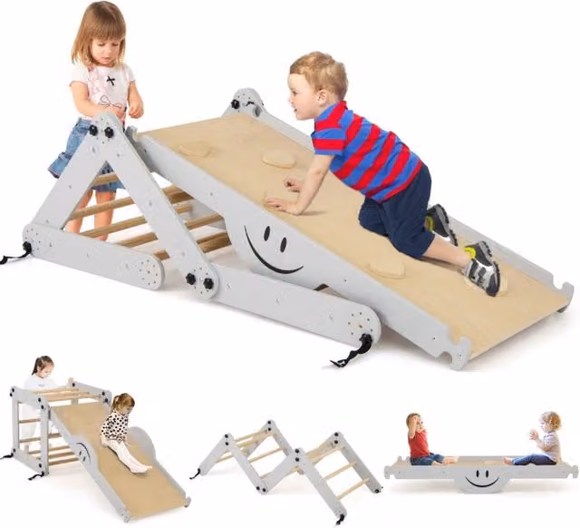 Set da arrampicata pieghevole 5 in 1 per bambini in legno regolabile, grigio, L 60 cm x P 59 cm x H 60 cm