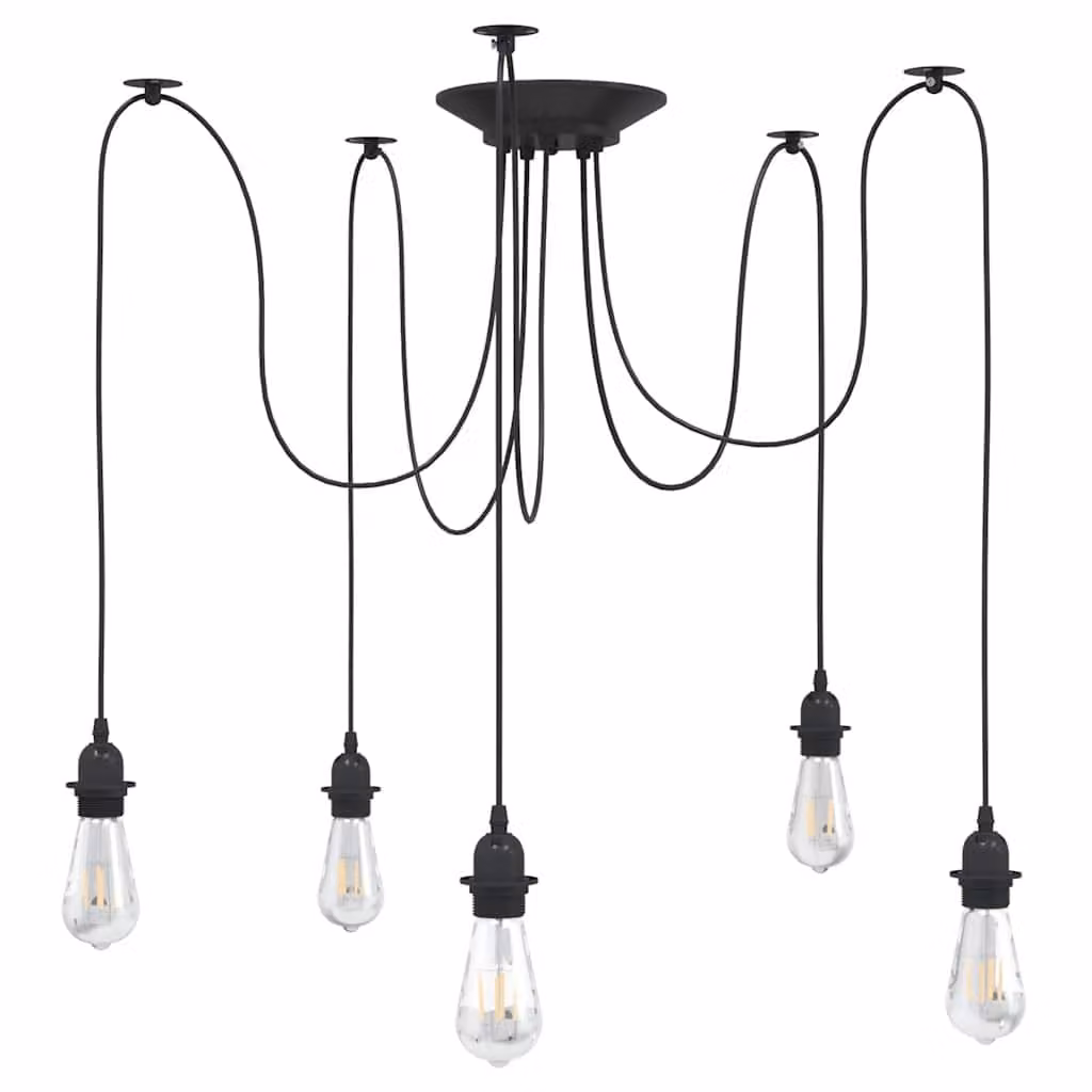 vidaXL Lampada a Sospensione Industriale in Metallo Nero con 5 Portalampada E27 e Vetro Trasparente, Altezza Regolabile