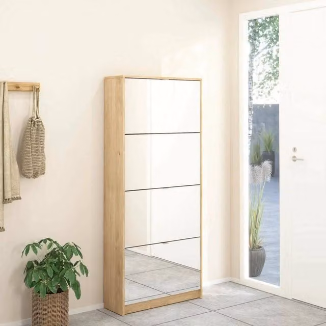 Scarpiera DMORA moderna con specchio, armadio da ingresso multiuso in legno color rovere, L: 70,3 cm, P: 24,05 cm, H: 162 cm