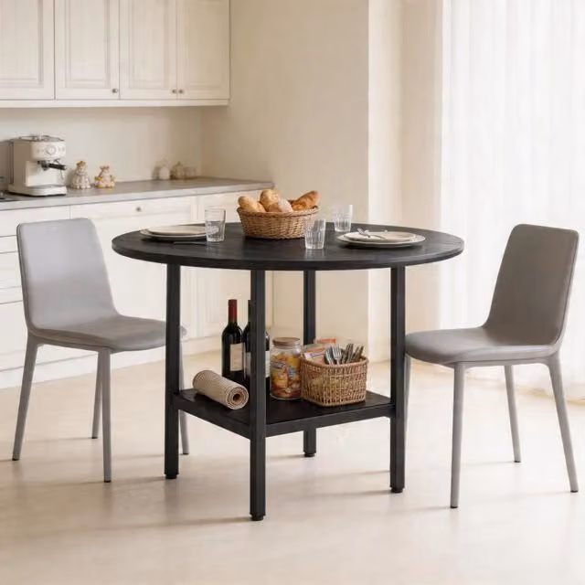 Tavolo da pranzo rotondo con ripiano contenitore in MDF e metallo nero per 4–6 persone diametro 100 cm altezza 77 cm