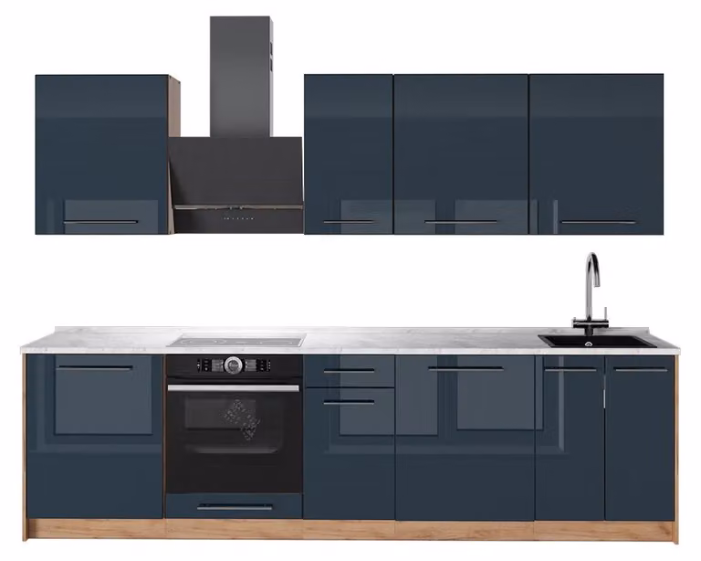 Cucina componibile Vicco Fame-Line Blu scuro lucido/Rovere dorato 280 cm, PL Marmo, Model 65741