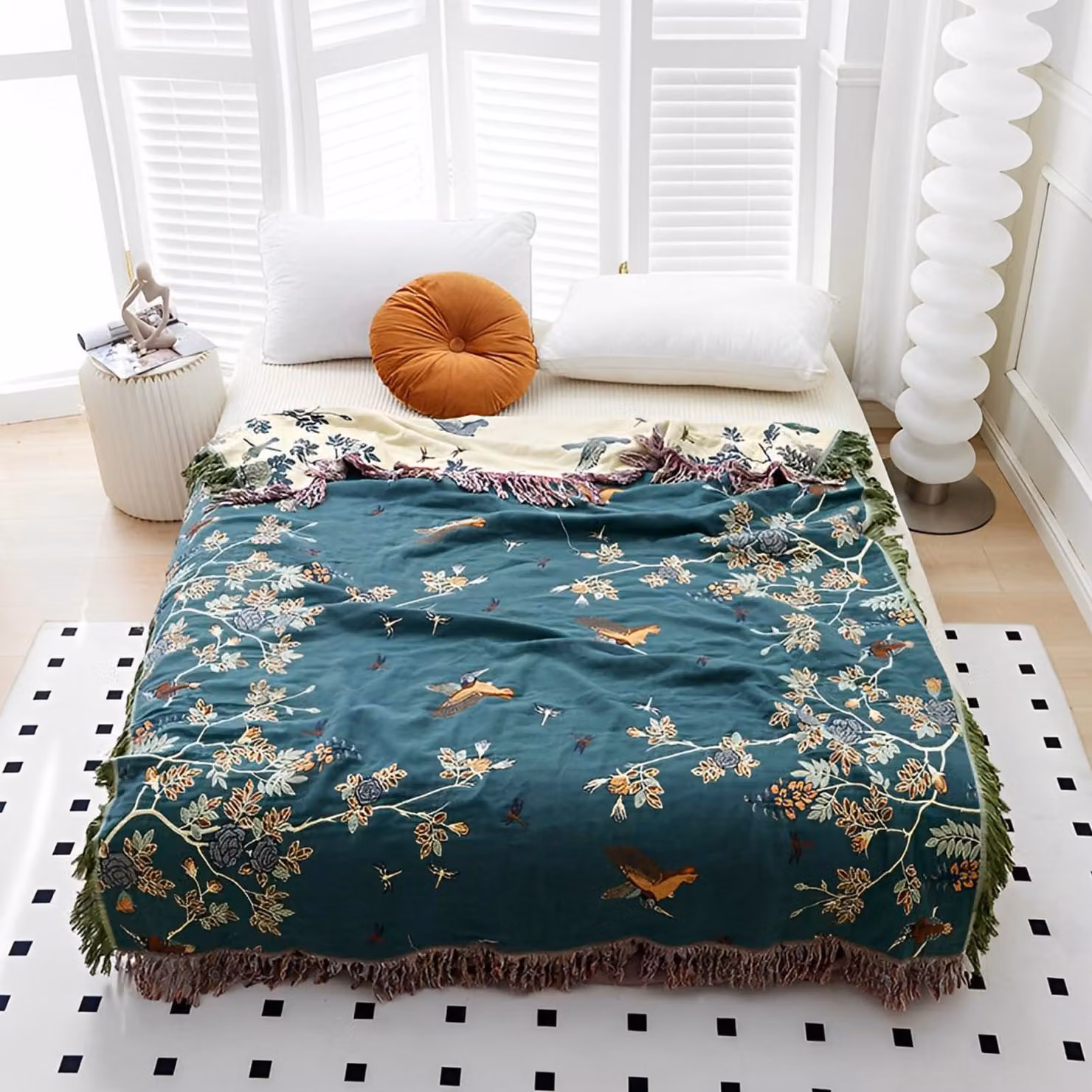 Coperta in pile, dimensioni 150x200 cm, 100% Cotonelogico, design bohémien, colore blu intenso