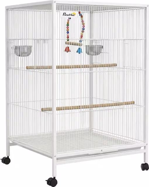 Gabbia per uccelli PawHut con ruote, ciotole, posatoi, dondolo e vassoio estraibile, colore bianco, L 46 cm x P 46 cm x H 78 cm