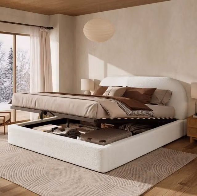 Letto matrimoniale ULEVR 160x200 cm con contenitore idraulico, rete a doghe e testiera imbottita boucl¨¦ beige