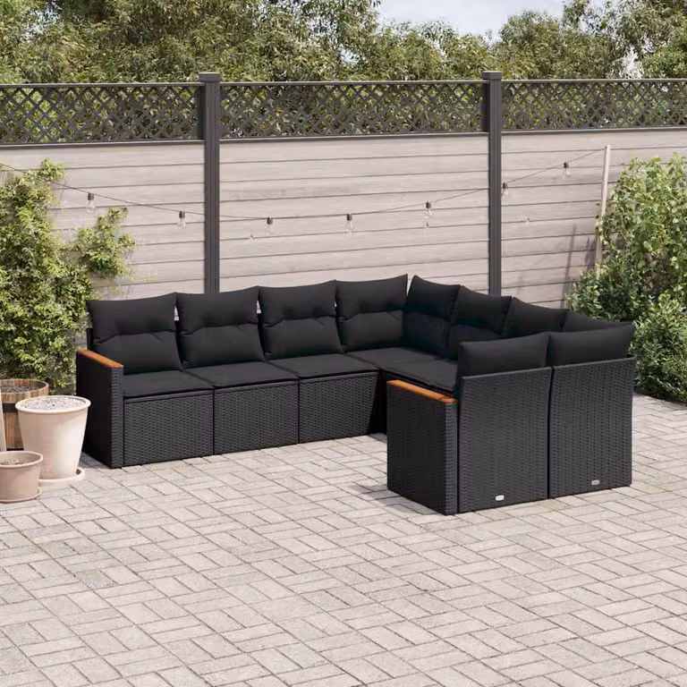 vidaXL Set Divani da Giardino a L con Cuscini 8 pz Nero in Polyrattan e Legno di Acacia