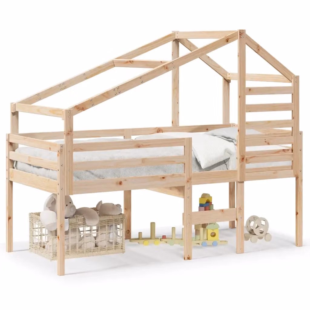 Letto a soppalco con tetto in legno di pino vidaXL per bambini, colore marrone, L/P/H: 200 x 80 x 151 cm – 2