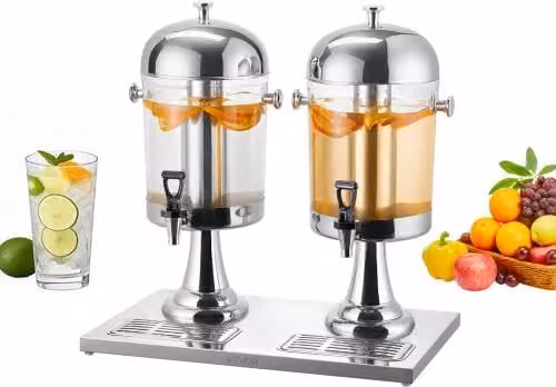VEVOR Distributore di Bevande in Acciaio Inox e Plastica con Rubinetto, Colore Argento, Capacità 8 L per 2 Unità