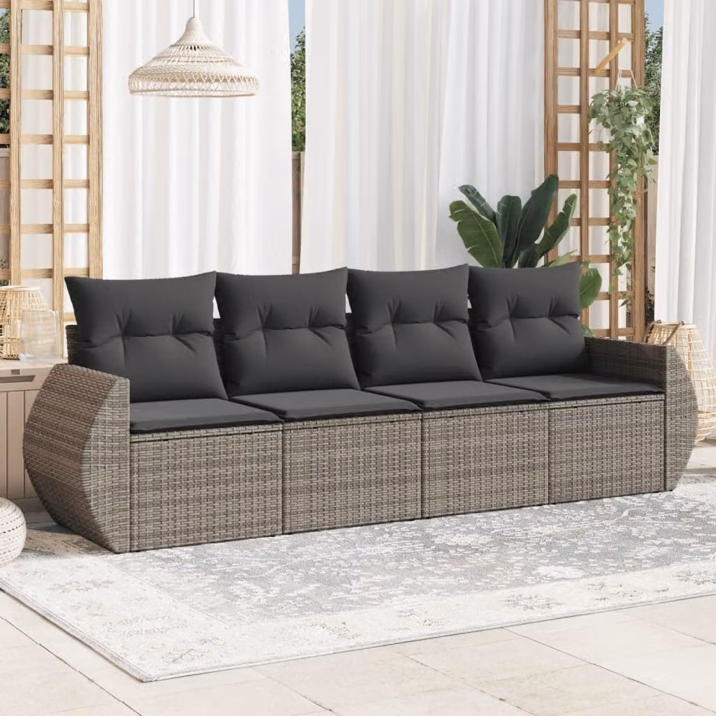 vidaXL Set Divani da Giardino 4 pz in Polyrattan Grigio con Cuscini Imbottiti e Struttura in Acciaio Verniciato a Polvere