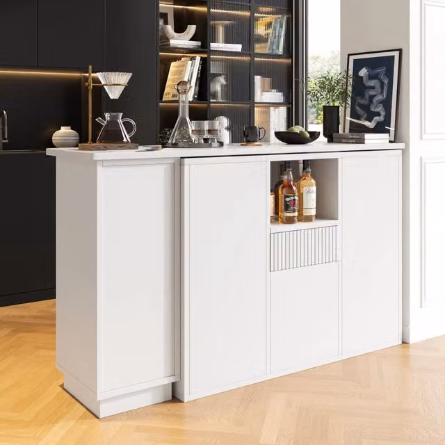 Mobile bar girevole a 360° con vani aperti e chiusi, piano effetto marmo, per cucina, bianco, 210 × 30 × 100.9 cm