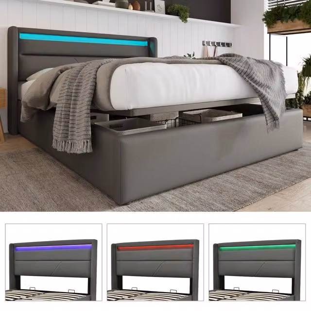 Letto Matrimoniale 140x200 con Contenitore Idraulico e Illuminazione LED; Struttura in Ecopelle PU; Grigio