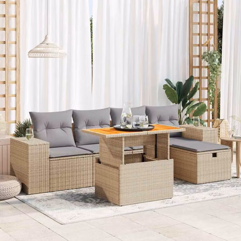 Set Divano da Giardino a L vidaXL 6 pz in Polyrattan con Cuscini Beige e Struttura in Legno di Acacia