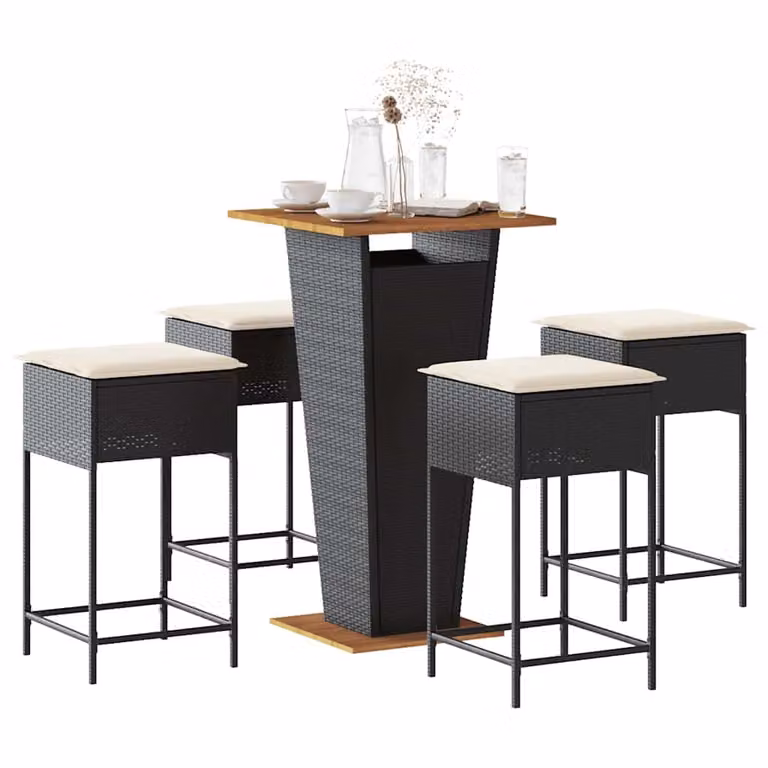 Set Bar da Giardino vidaXL in Polyrattan e Legno di Acacia con Cuscini, 5 Pezzi, Nero e Beige