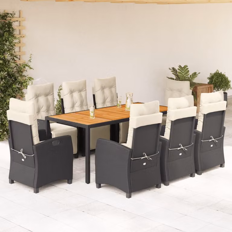 Set da Pranzo da Giardino vidaXL 9 pz in Polyrattan Nero con Cuscini e Legno di Acacia