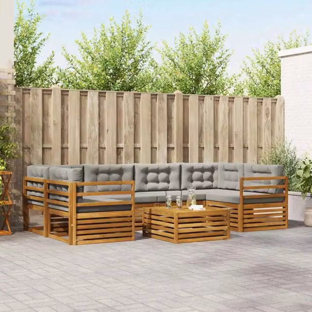 Set di divani da esterno a forma di U vidaXL in legno di acacia con tavolo da caffè e cuscini, Grigio – 1