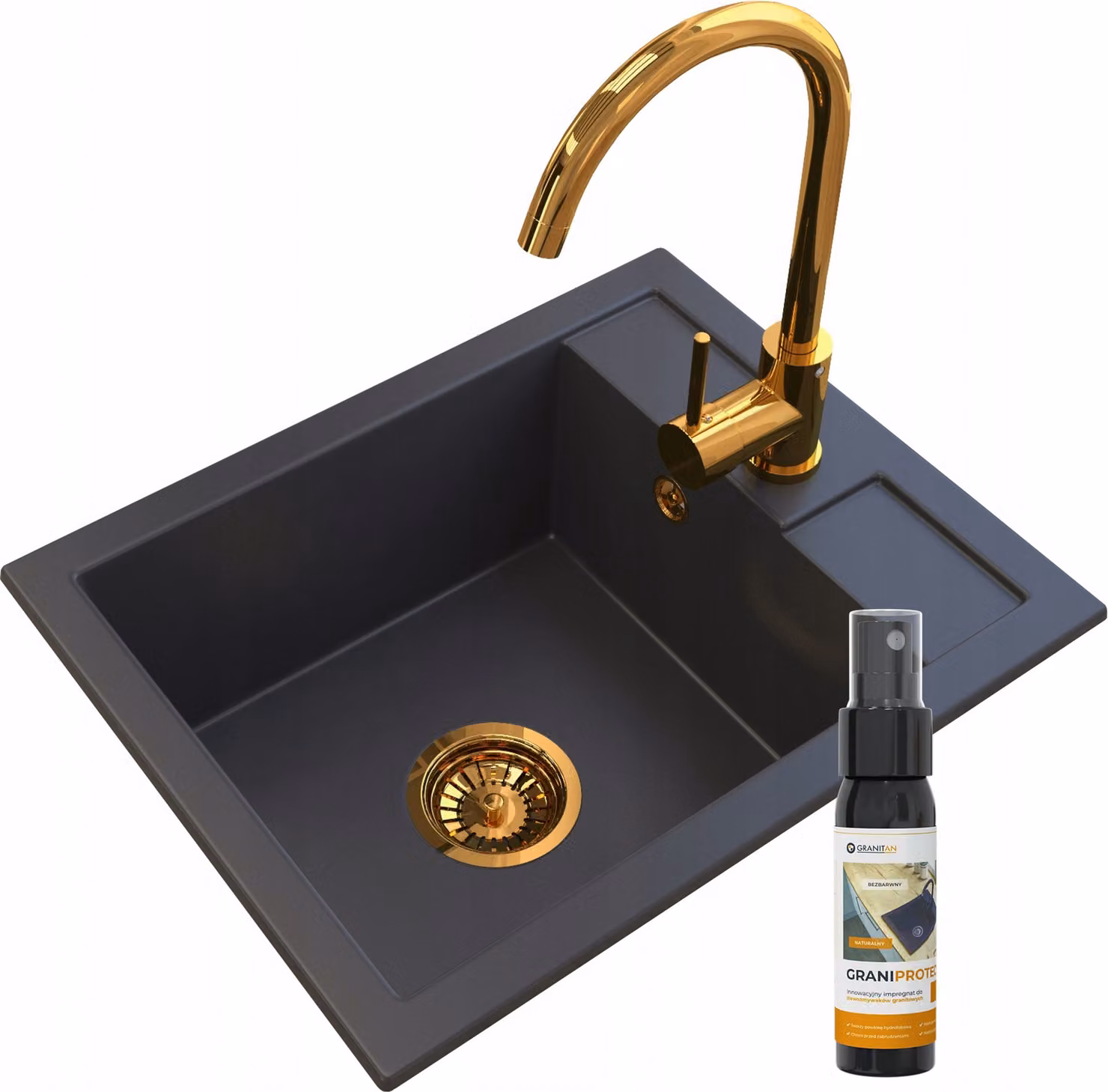 Granitan - Lavello in granito - Lavello da cucina - 50x40 cm - Nero - con rubinetteria BETA GOLD - Lavello - BEST