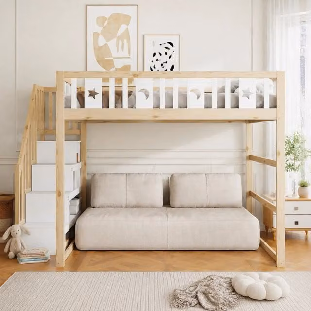 Letto a soppalco per bambini 140x200 cm in legno massello con scala e sponde