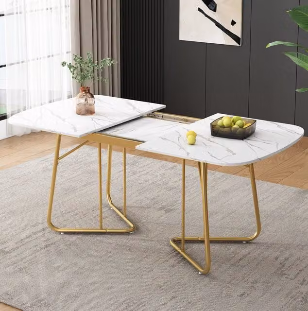 Tavolo da pranzo allungabile 140/180x80 cm in MDF effetto marmo con gambe in metallo dorato