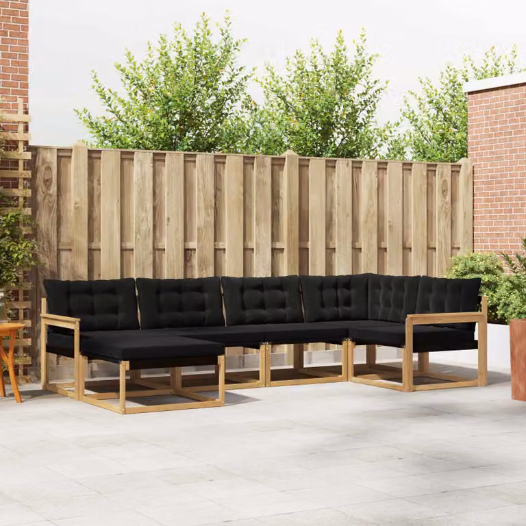 Set di divani da esterno vidaXL a forma di L composto da 6 pezzi in legno di acacia con cuscini bianchi e neri per giardino e terrazza