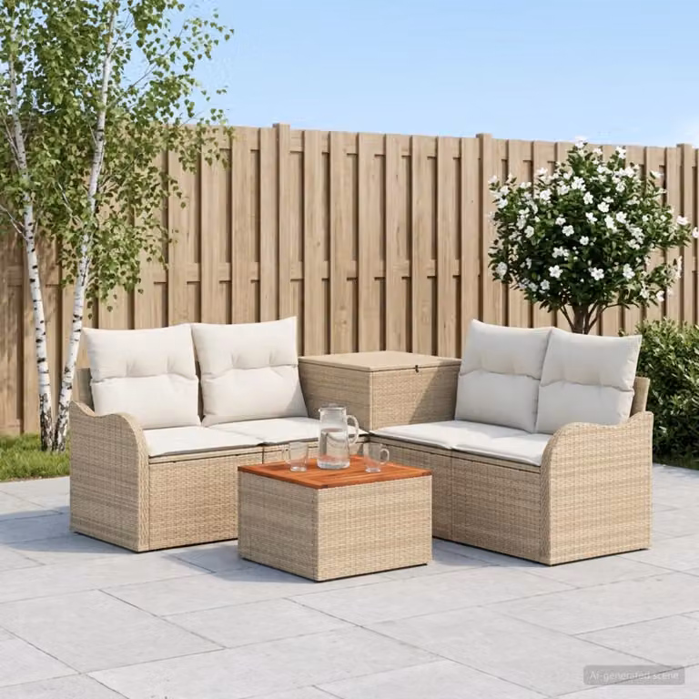 Set di divani da giardino vidaXL a forma di U composto da 6 pezzi con tavolino, cuscini inclusi e coperture rimovibili, colore beige e bianco crema