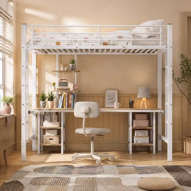 Letto a soppalco singolo MIVRAY bianco con scrivania e ripiani in metallo e MDF, L/P/H: 204.5 x 90 x 180.5 cm