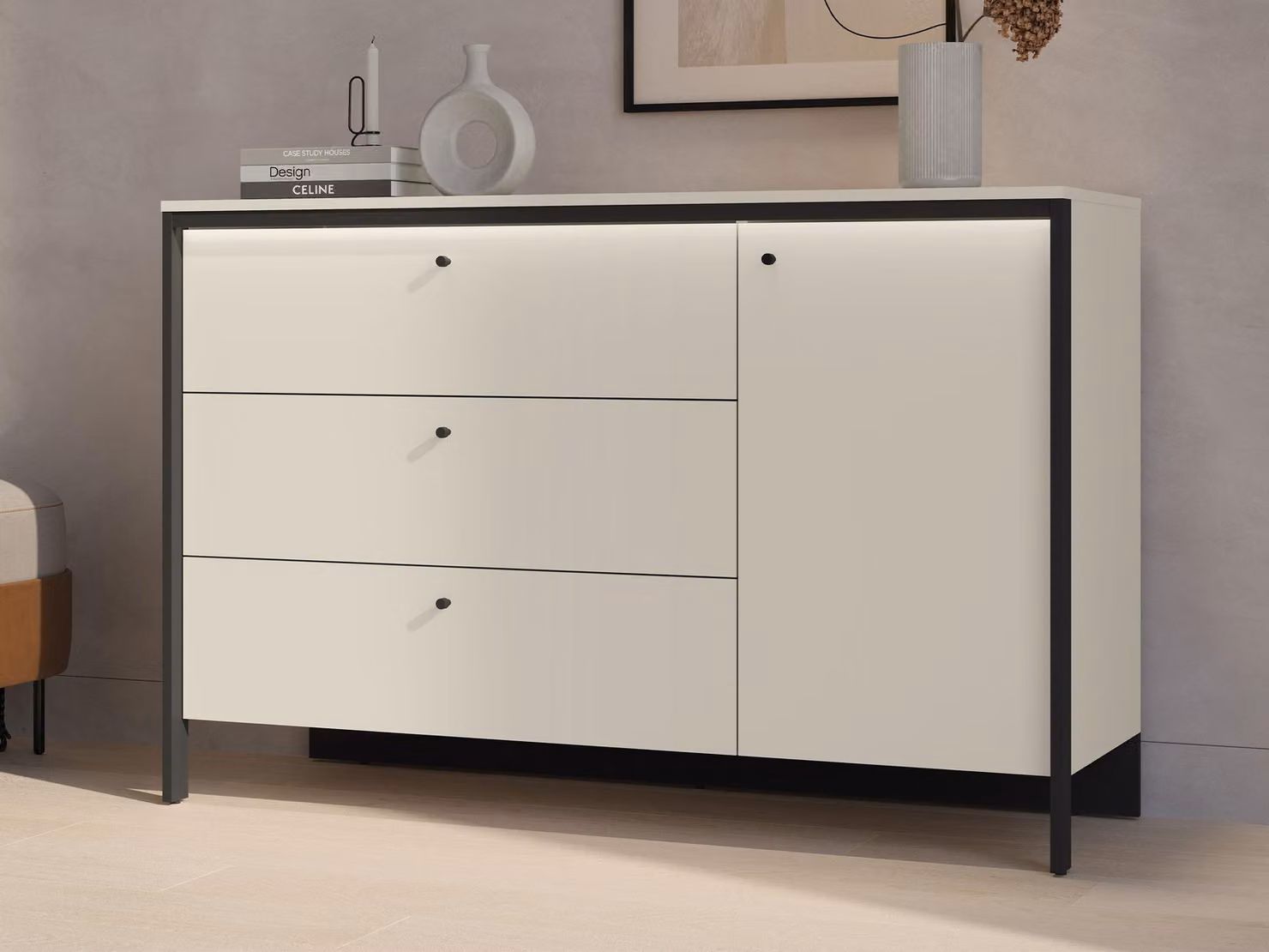 Ampia cassettiera combinata REDMOND - beige sabbia / nero + illuminazione LED GRATUITA