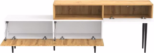 Mobile TV modulare in legno effetto naturale e bianco opaco con gambe in metallo nero, lunghezza regolabile, design moderno