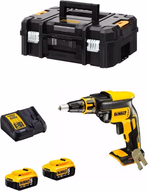 Avvitatore per cartongesso DeWalt DCF620P2T giallo con 2 batterie da 5,0 Ah, caricabatterie DCB115 e sistema TSTAK II