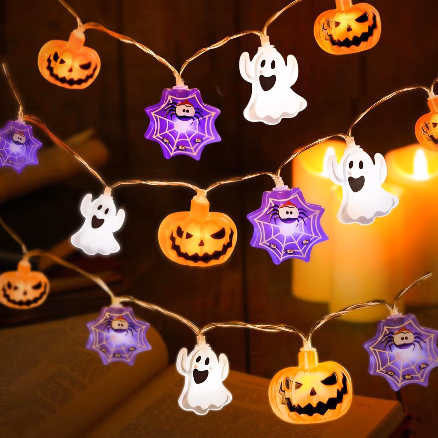 Catena luminosa a tema Halloween, lunghezza 3 metri, 20 LED, design a forma di fantasmi
