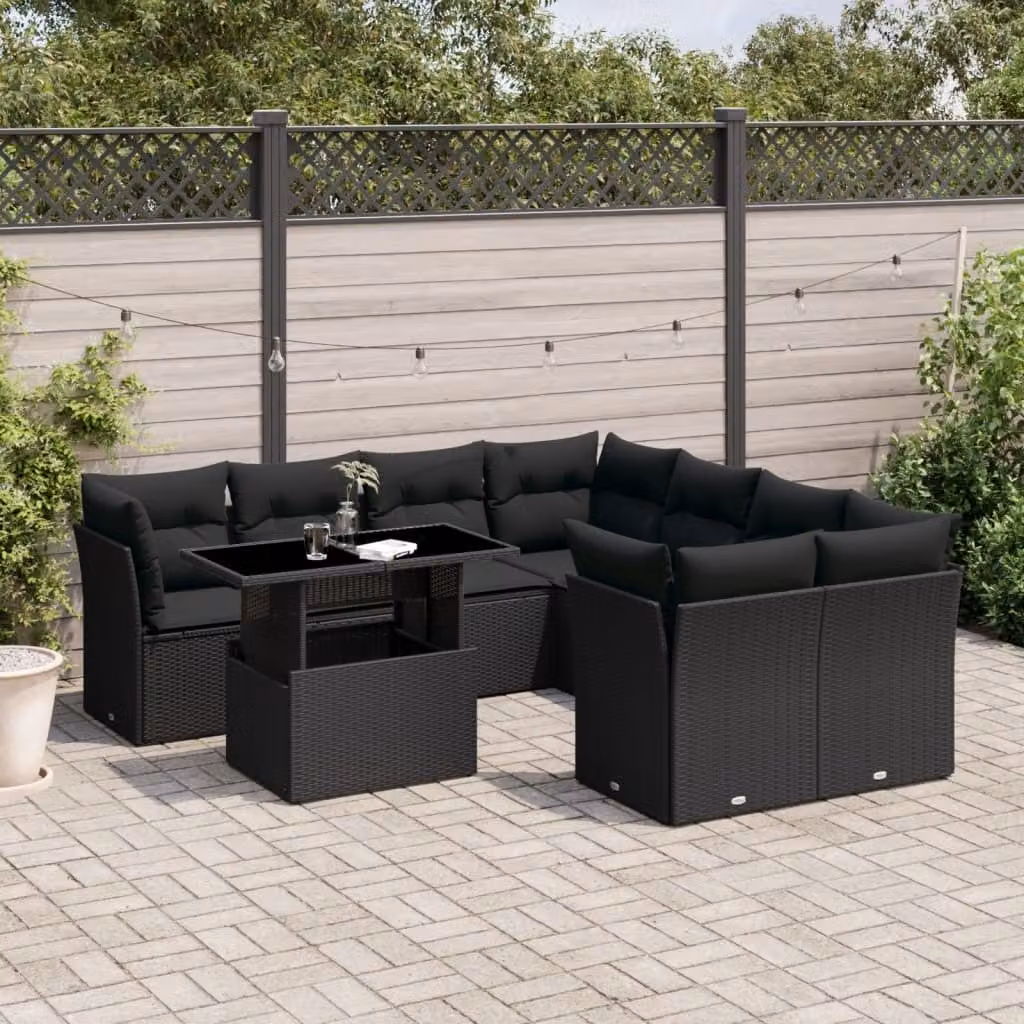 Maison Exclusive - Set Divani da Giardino 9 pz con Cuscini Nero in Polyrattan