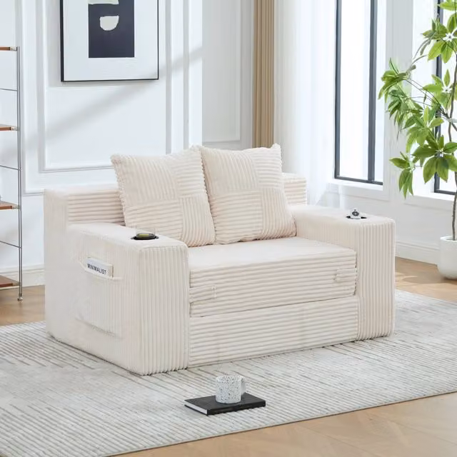 Divano pouf 151x133x64 cm con tasche laterali in velluto a coste beige