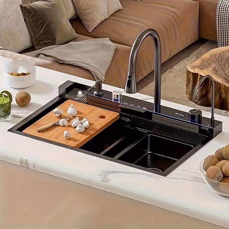 Lavello da cucina – Lavello in acciaio inossidabile – Piano lavello – Grigio scuro – Rubinetto estraibile digitale