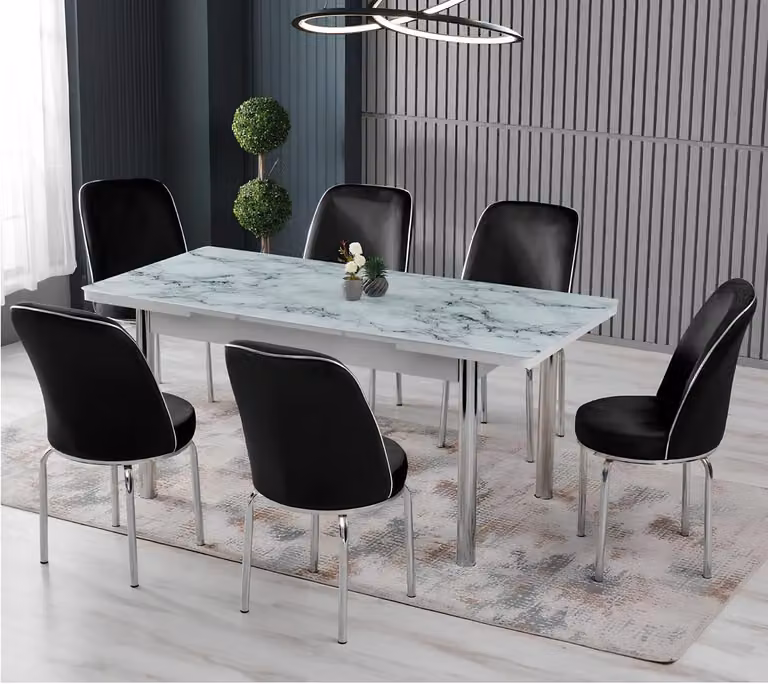 Tavoli da pranzo, set da pranzo, sedie, forma rettangolare, bianco, nero, design moderno