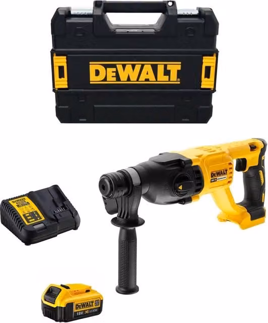 Tassellatore DeWalt DCH133M1T Giallo con Batteria da 4,0 Ah, Caricabatterie DCB115 e Contenitore TSTAK II