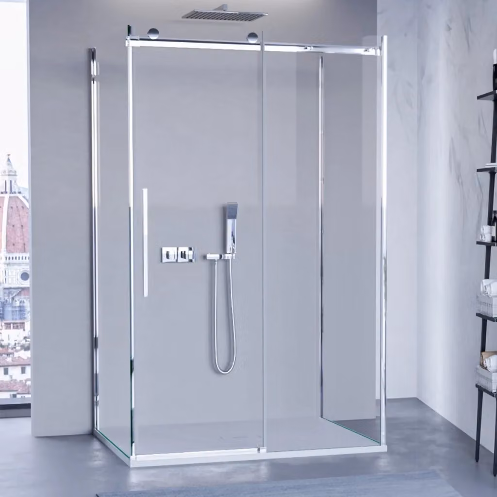 Box doccia Olimpo Docce a tre lati con porta scorrevole trasparente, forma a U, vetro da 8 mm, H 195 cm, L 110 cm, P 90 cm – 2