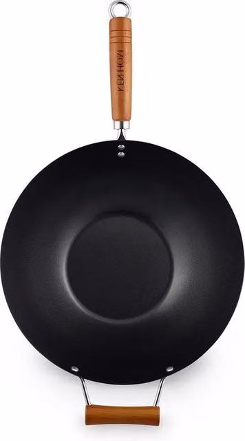 Wok in Acciaio di Carbonio da 35cm - Non Aderente - Manico di Legno - Non Induzione - Base Piana - Non Idoneo alla Lavastoviglie - Garanzia 2 Anni