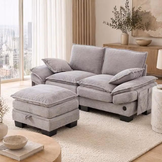 Divano 2 posti con pouf contenitore e USB-C 190x132x84 cm in velluto a coste grigio chiaro