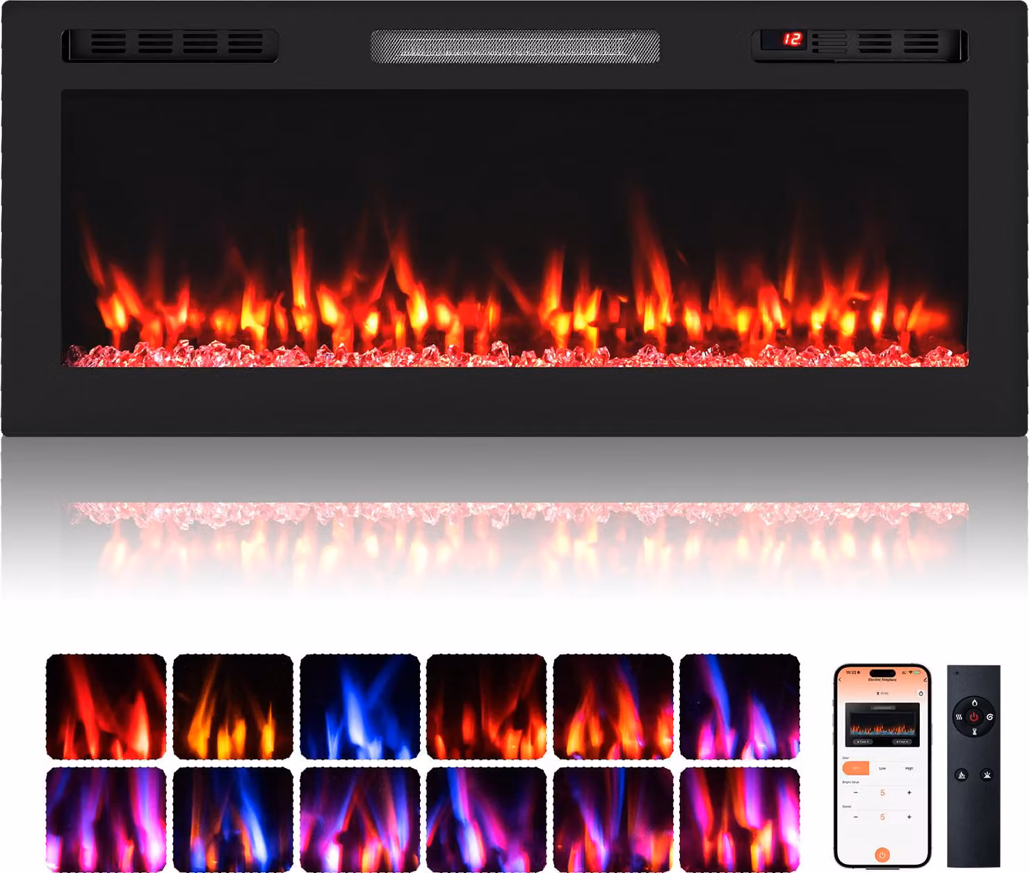 COSTWAY Caminetto elettrico da 42'' 750W/1500W, caminetto da incasso a parete Caminetto elettrico con APP WLAN-capace, telecomando, 12 colori di fiamma e 5 luminosità