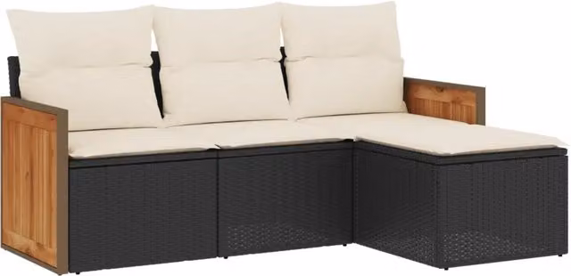 Set Salotto da Giardino Moderno a L con 4 Pezzi in Polyrattan Nero e Cuscini Bianchi DESIGN IN – 1