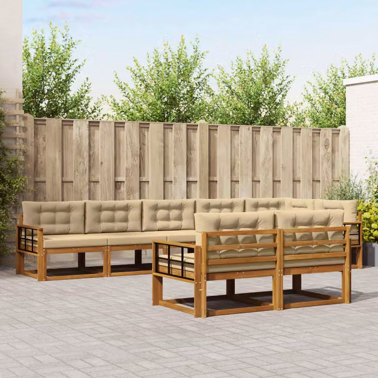 vidaXL Set di divani da esterno a L in legno di acacia con cuscini, 8 pezzi, Beige e Marrone