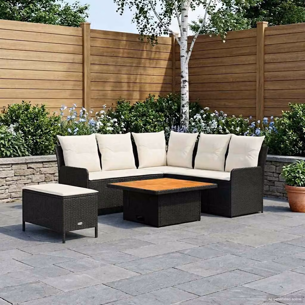 Set di mobili da giardino vidaXL in rattan con struttura in acciaio e legno di acacia, colore nero e beige, composto da 5 pezzi con cuscini inclusi