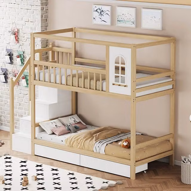Letto a castello per bambini - Xylo - 90x200 cm - Legno massello con cassetti e scala